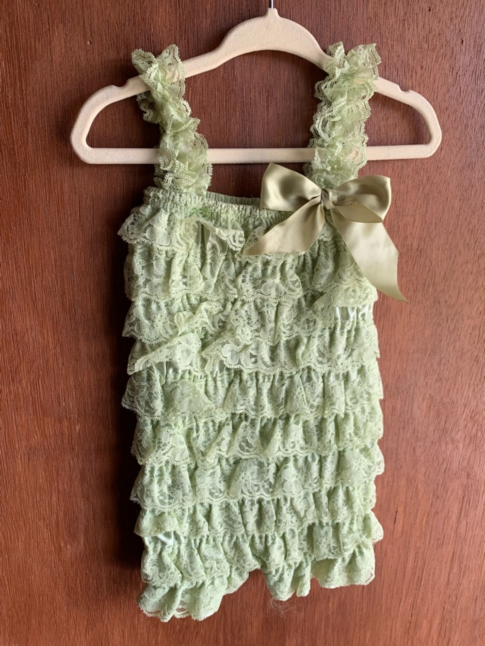 Lace Ruffle Romper with Satin Bow - Light Green